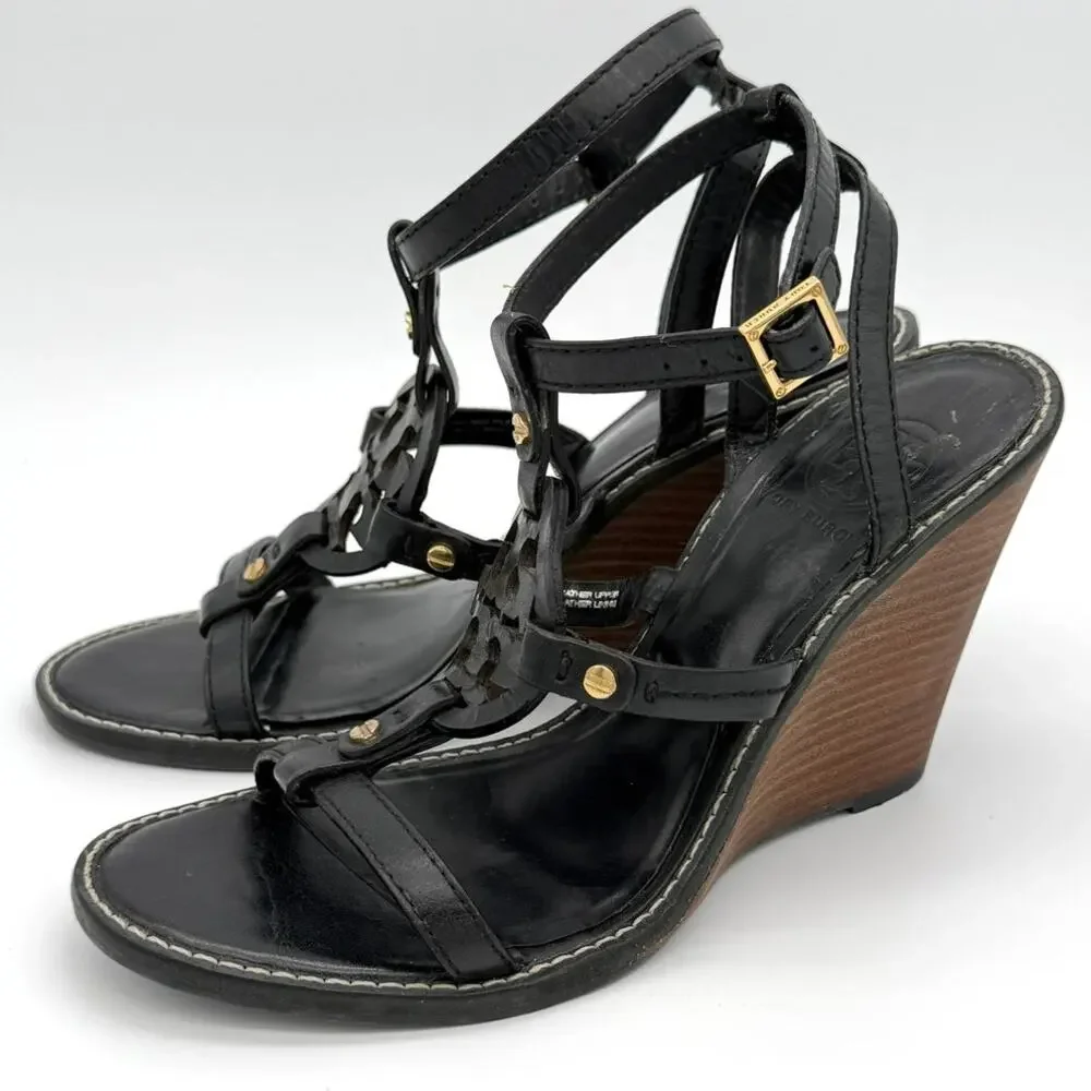 Tory Burch Leather Wedge Sandals Black Cutout Gold Studs Size 8M Summer Resort